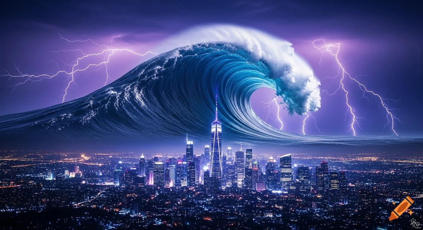 A dramatic, surreal scene of a gigantic blue ocean wave frozen above a futuristic city at night, illuminated by purple lightning.
