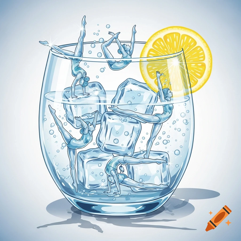Stylized illustration of female gymnasts posing like translucent ice cubes inside a gin and tonic glass with ice, sparkling water, and a lemon slice.