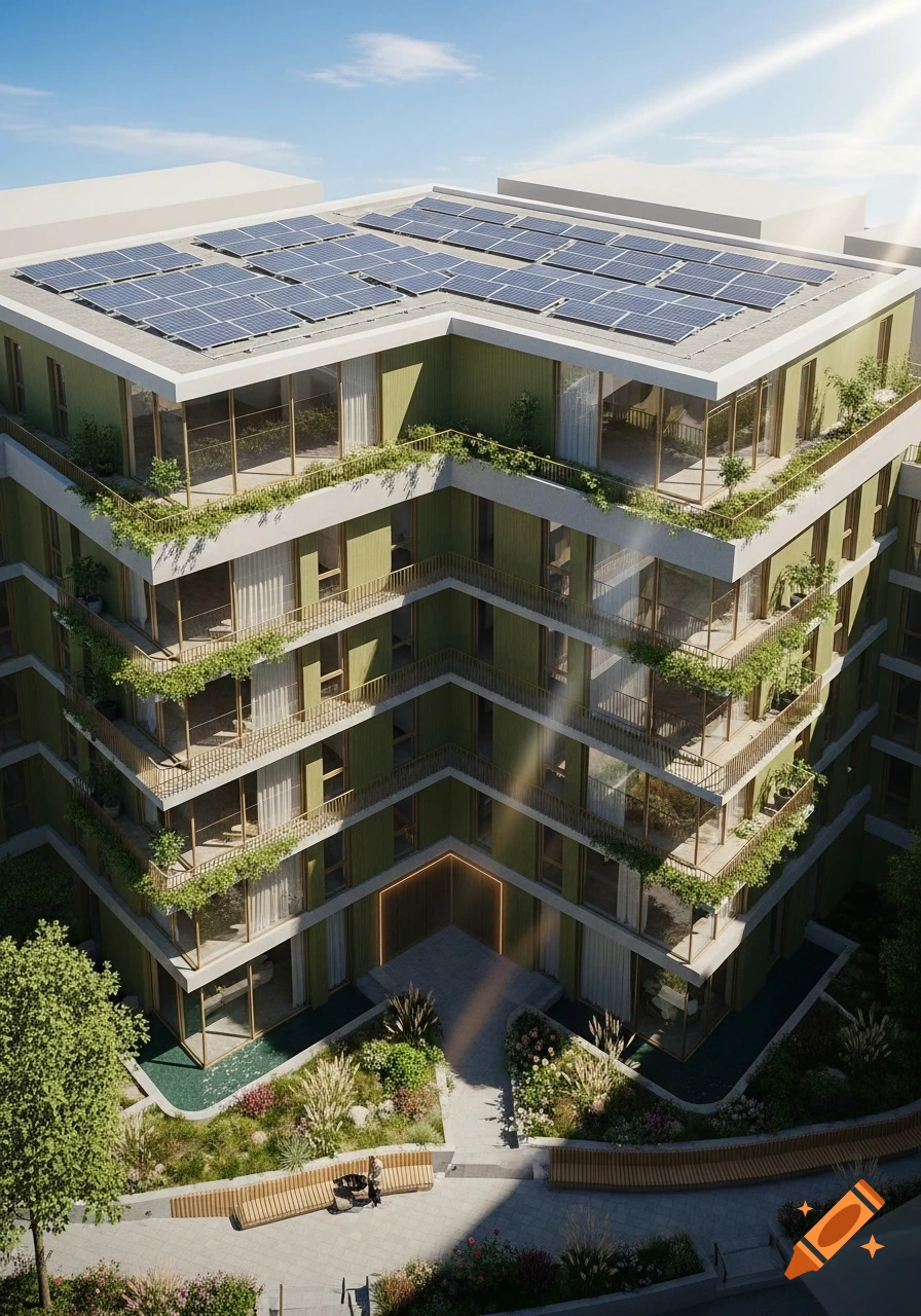 Photorealistic rendering of a modern green apartment building with solar panels on the roof and a lush landscaped ground floor entrance.