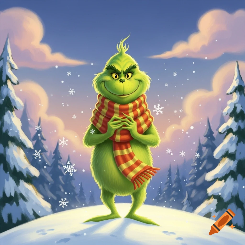 A green Grinch character with a mischievous smile and a red and yellow striped scarf stands in a snowy winter forest.