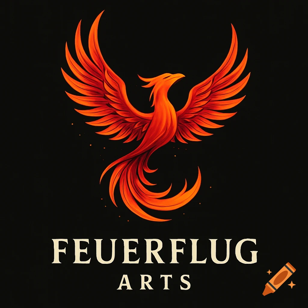 Stylized fiery orange phoenix with spread wings above 'FEUERFLUG ARTS' text on a black background.