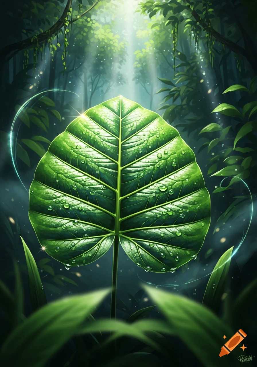 A vibrant green leaf with water droplets stands prominently in a lush, illuminated jungle with glowing light rays.