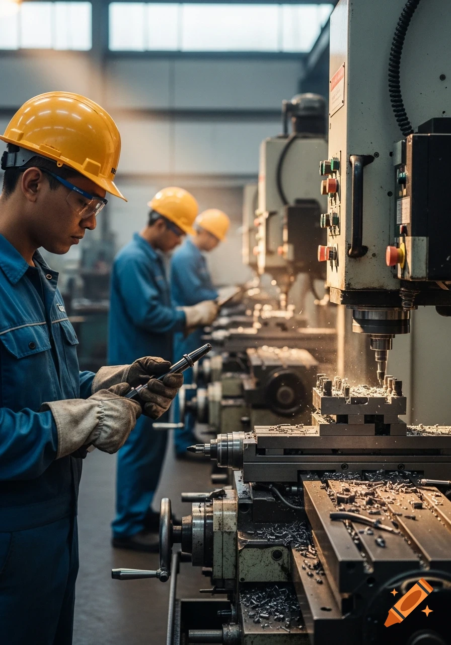 Three machinists in blue uniforms, hard hats, and safety gear working in a factory with heavy machinery, producing metal shavings.