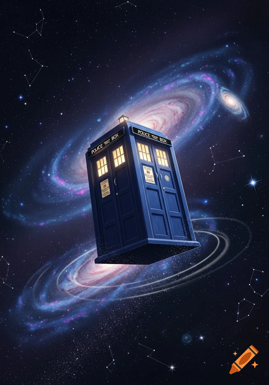 A blue police box (TARDIS) floats in deep space, surrounded by a vibrant, swirling galaxy and star constellations.