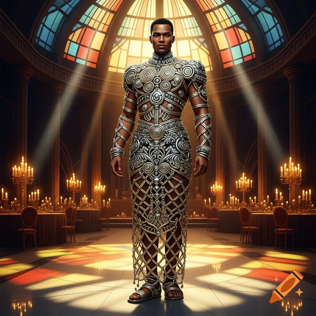 A man in an ornate silver and gold metal dress stands in a grand hall with stained glass windows and candlelit tables.