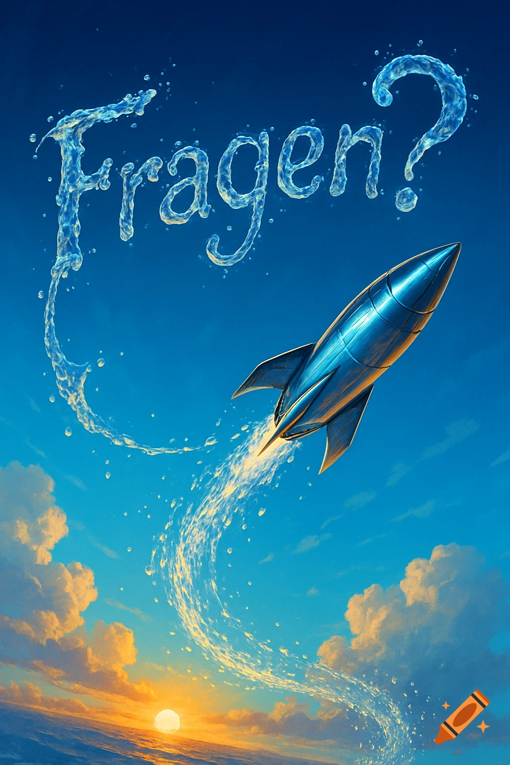A metallic rocket flies through a vibrant blue sky, its water trail spelling "Fragen?" (Questions?) above a colorful sunset.
