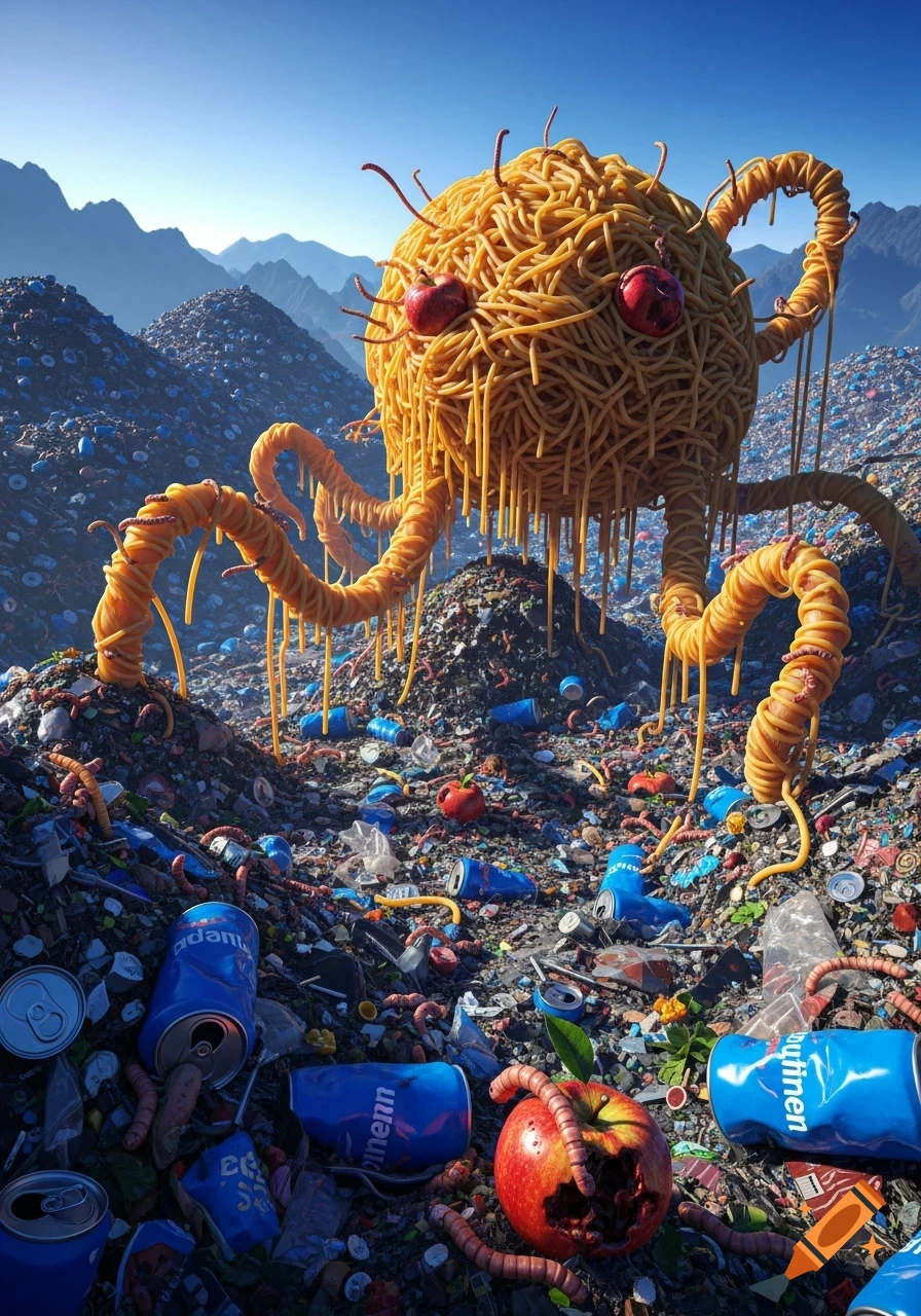 A giant spaghetti monster with cherry eyes stands atop a vast trash landscape filled with blue cans, rotten apples, and worms, under a clear sky.