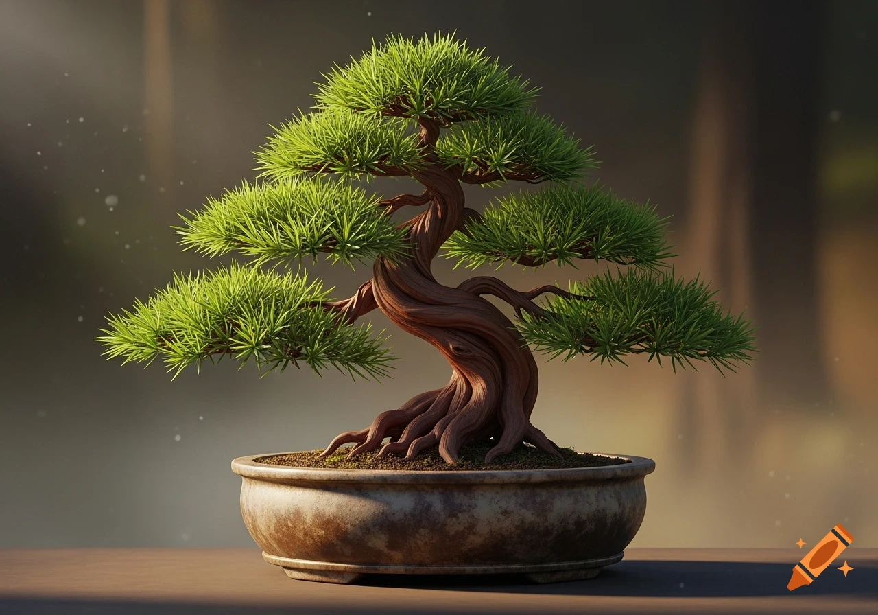 A detailed, photorealistic image of a vibrant green bonsai tree with a gnarled trunk in a rustic pot, softly lit.