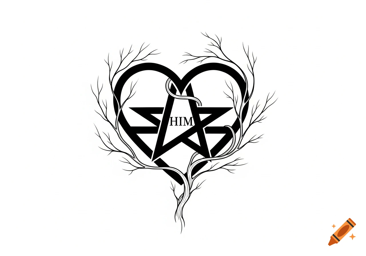Black and white heartagram symbol with 'HIM' inside, entwined by bare tree branches on a white background.