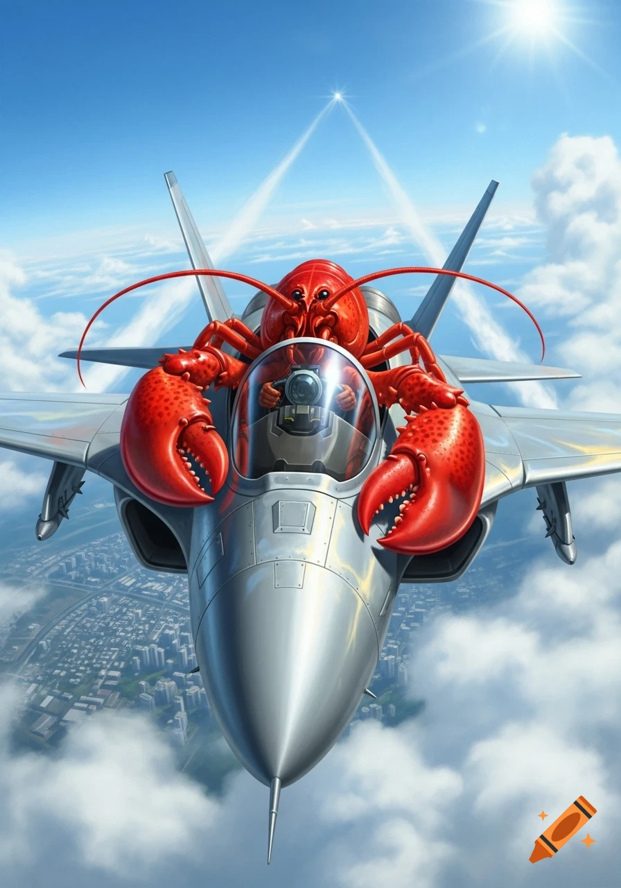 A giant red lobster pilots a silver fighter jet through a sunny, cloudy sky above a city.