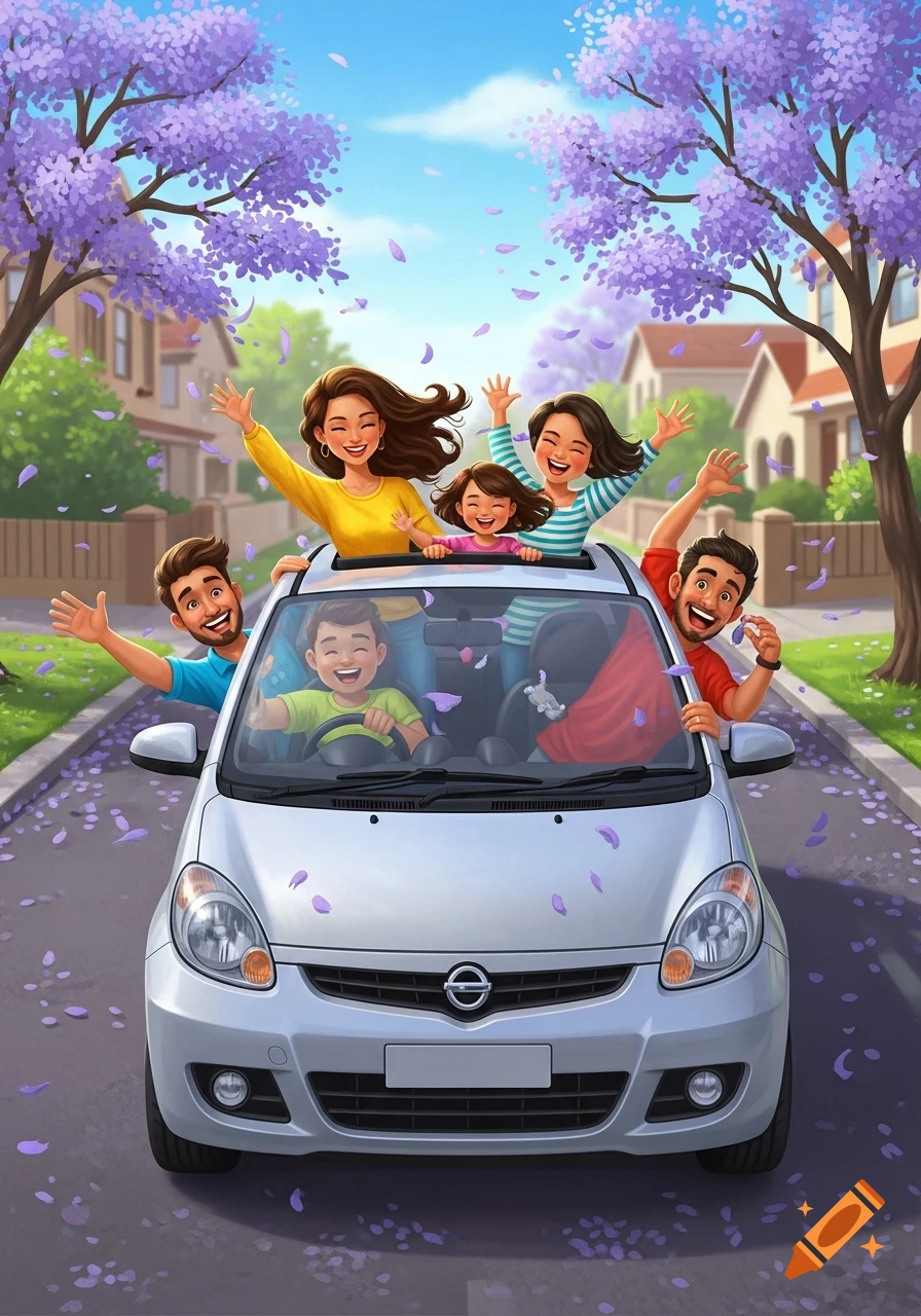 A joyful, illustrated family waves from a silver car, driving on a sunny street lined with purple jacaranda trees and falling petals.
