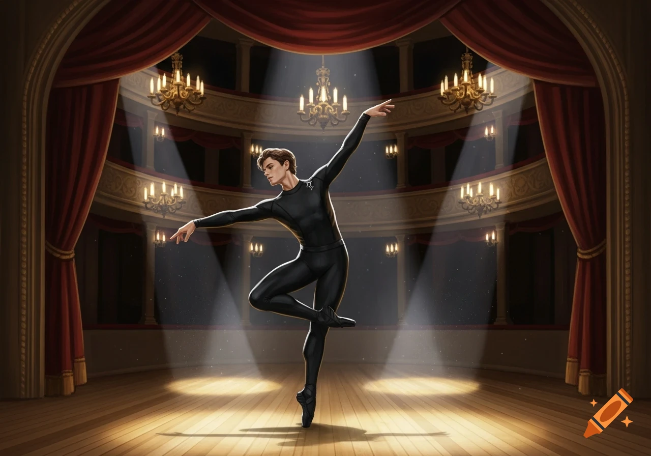 An illustrative image of a male ballet dancer in a black leotard performing on pointe on a spotlighted stage with red curtains and chandeliers.