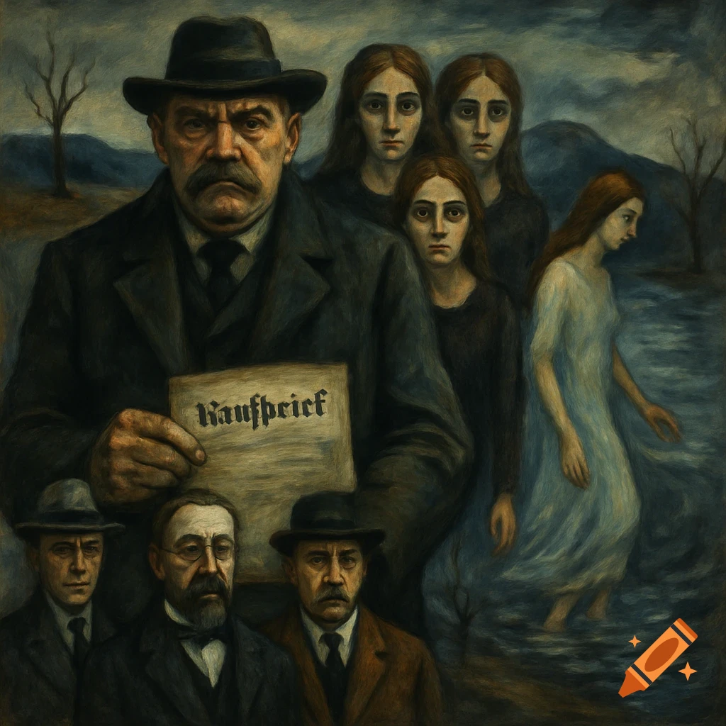 An oil painting of a stern man holding a document that reads "Kaufbrief," with three women behind him and three men below him, all in a dark, gloomy landscape.