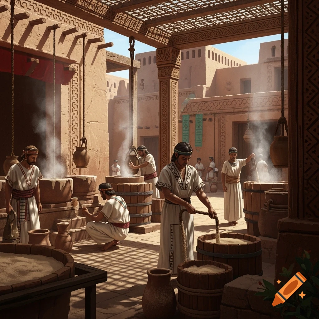 Men in ancient Mesopotamian attire brewing beer in a courtyard filled with large vats and barrels, with steam rising.