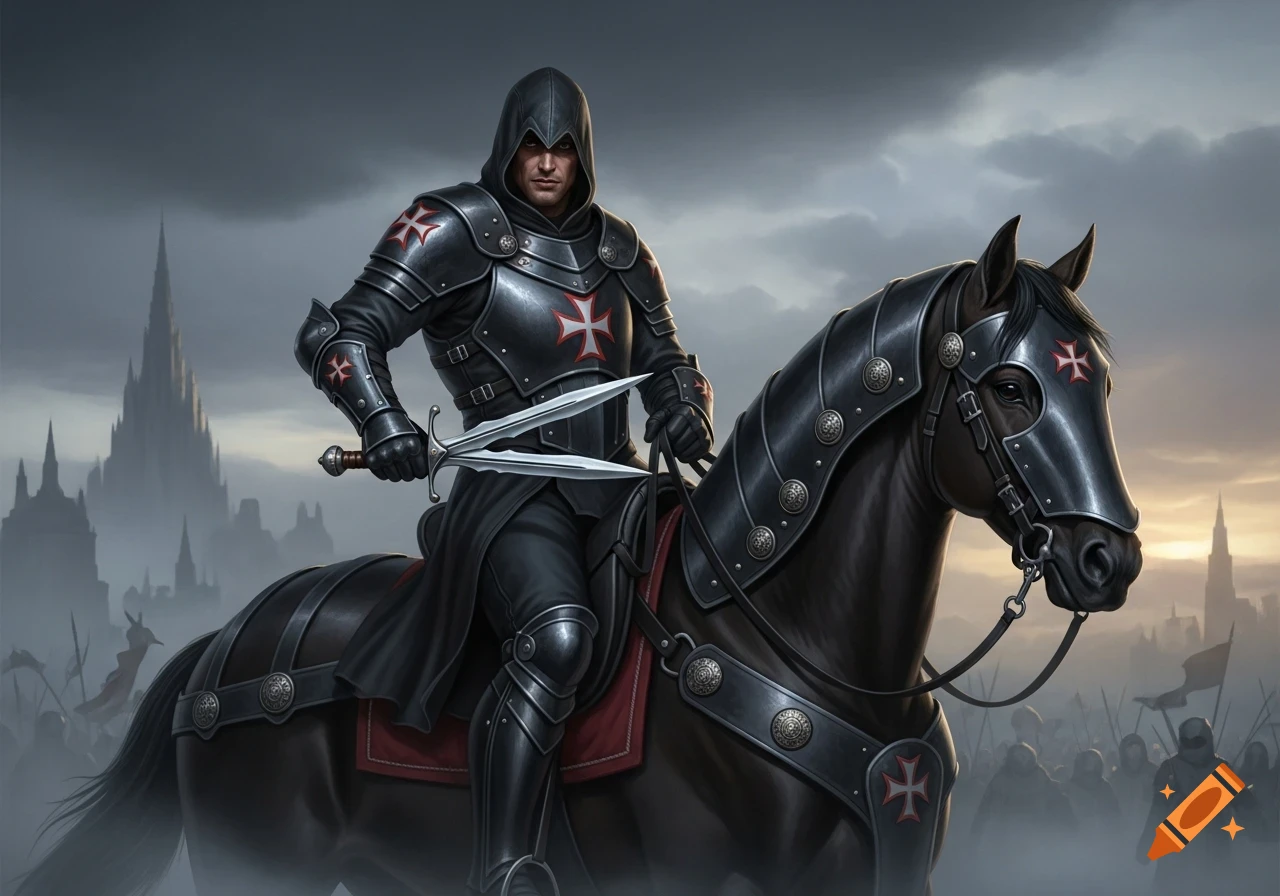 A warrior in black Assassin-style armor with a Maltese cross on a black armored horse, holding a double dagger, against a misty castle backdrop.