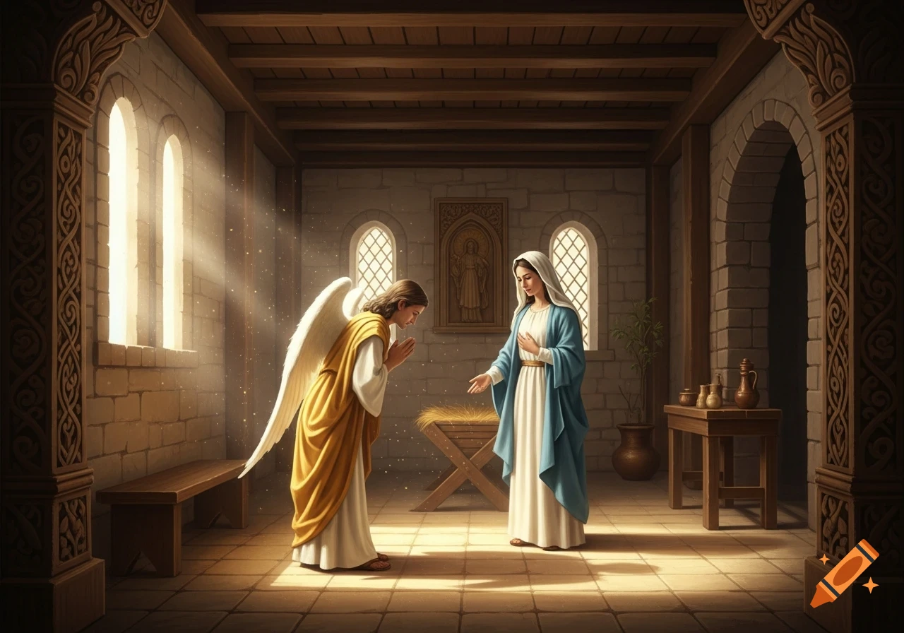 An angel in gold robes bows before Mary in blue and white robes inside a sunlit stone room with arched windows.