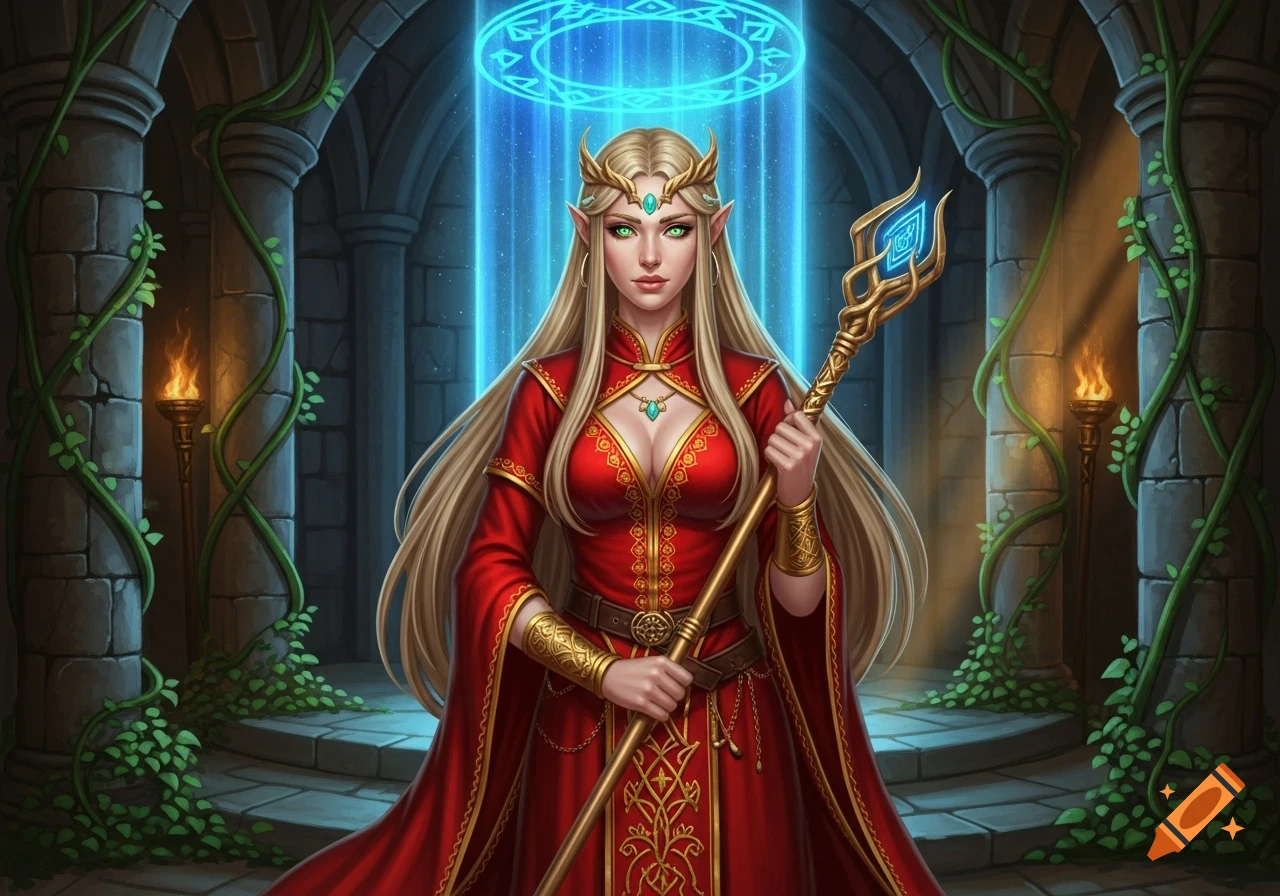 An elvish woman with blonde hair, green eyes, and a red ritual dress, holding a golden staff in a stone chamber with blue glowing light.