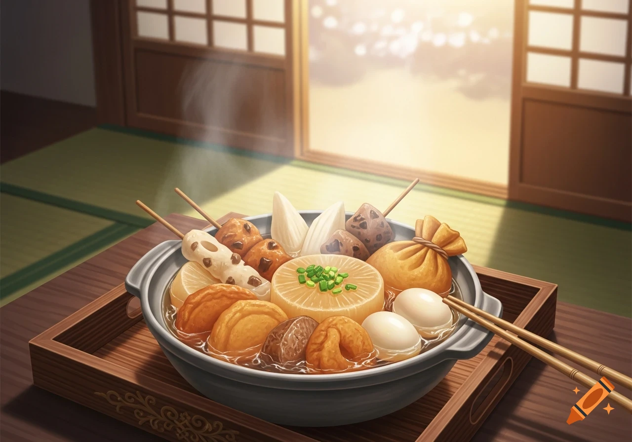 A steaming pot of oden, with various ingredients like daikon, fish cakes, and eggs, sits on a wooden tray with chopsticks in an anime style.