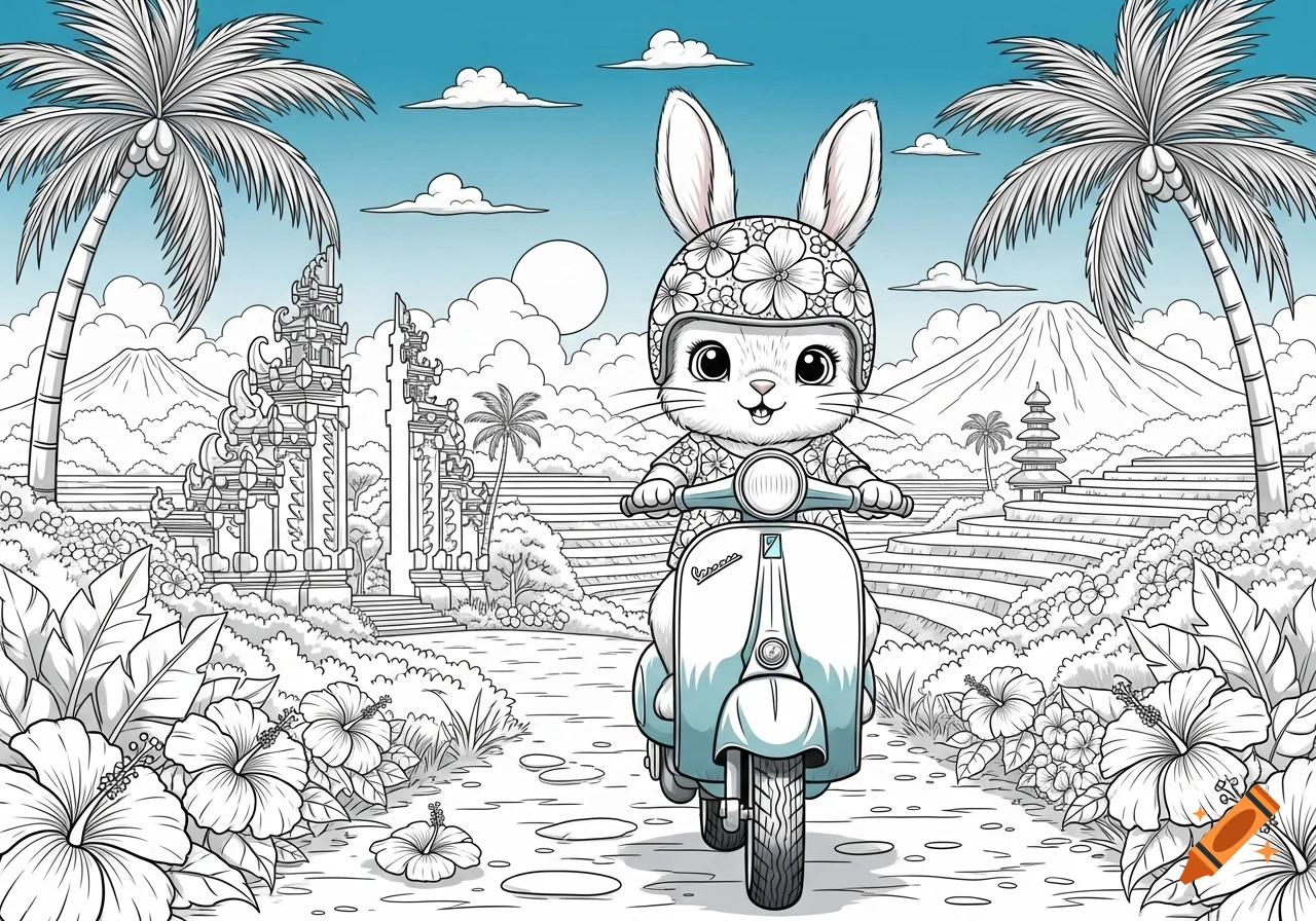 A cute bunny in a floral helmet and shirt rides a scooter down a path, surrounded by tropical flowers, palm trees, Balinese temples, and mountains under a blue sky. Coloring book style.
