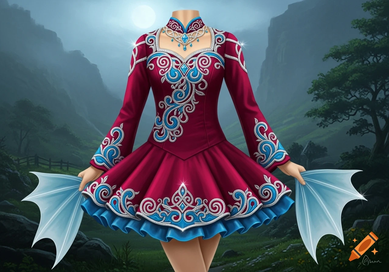 An ornate red Irish dance dress with blue and white Celtic patterns, featuring a jeweled neckline, held by a headless figure in a mystical forest.