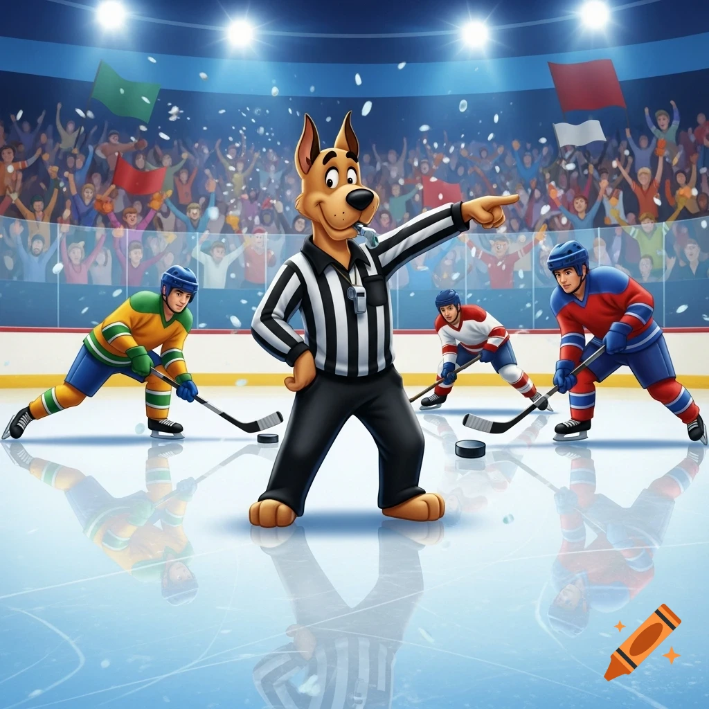 A cartoon Scrappy-Doo as a hockey referee points while two players in uniform skate on an ice rink with a cheering crowd in the background.