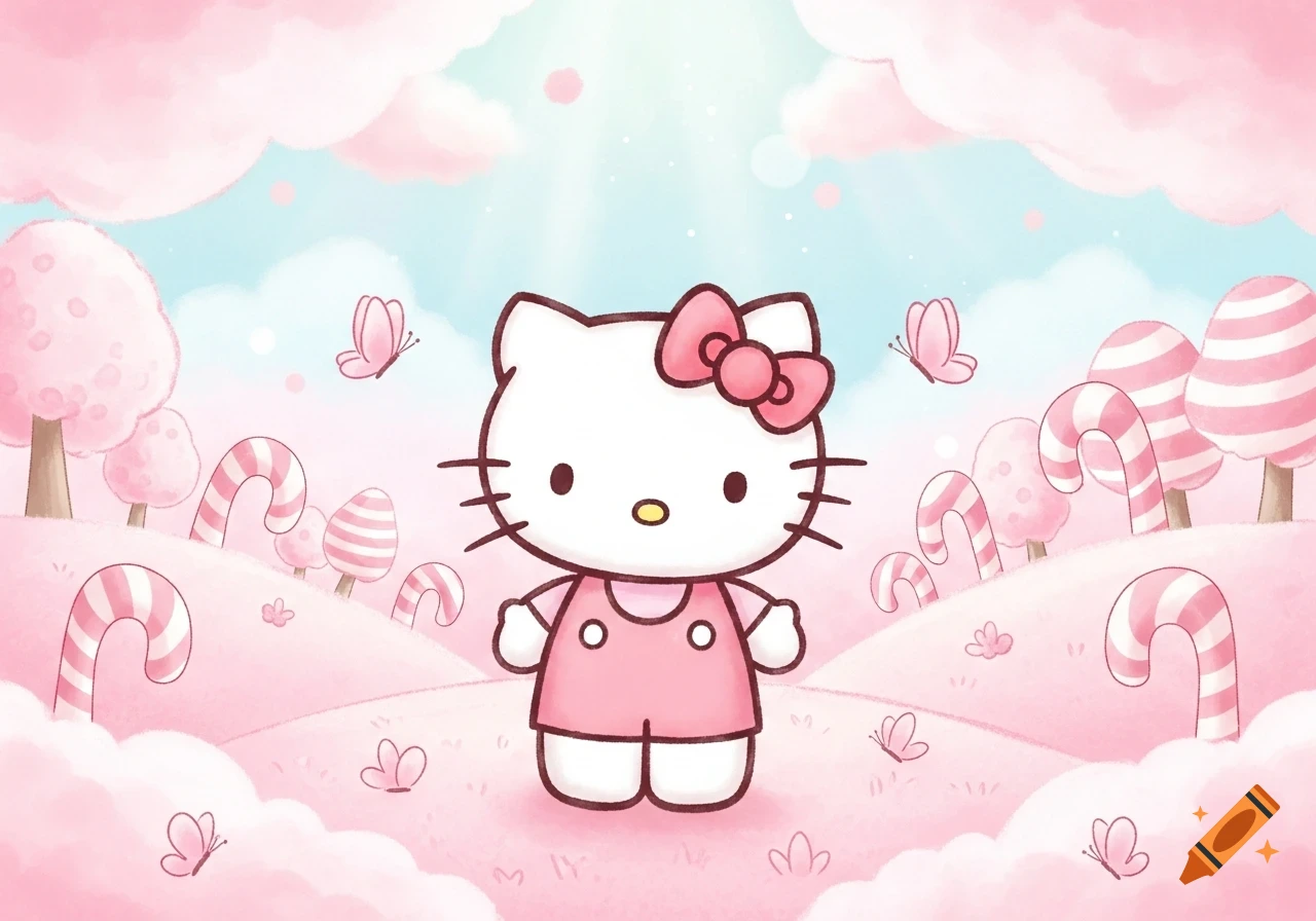 Hello Kitty stands in a whimsical pink candy land with candy canes, pink trees, butterflies, and fluffy clouds under a blue sky.