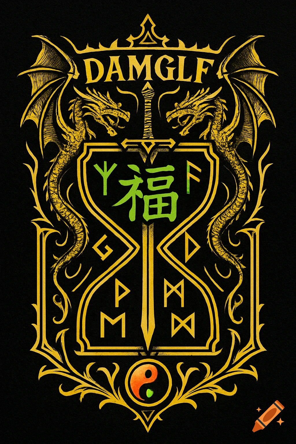 A gothic crest with two golden dragons, a sword, the word DAMGLF, a green Chinese luck character, and various runes in an hourglass shape, with a yin-yang at the bottom, all on a black background.