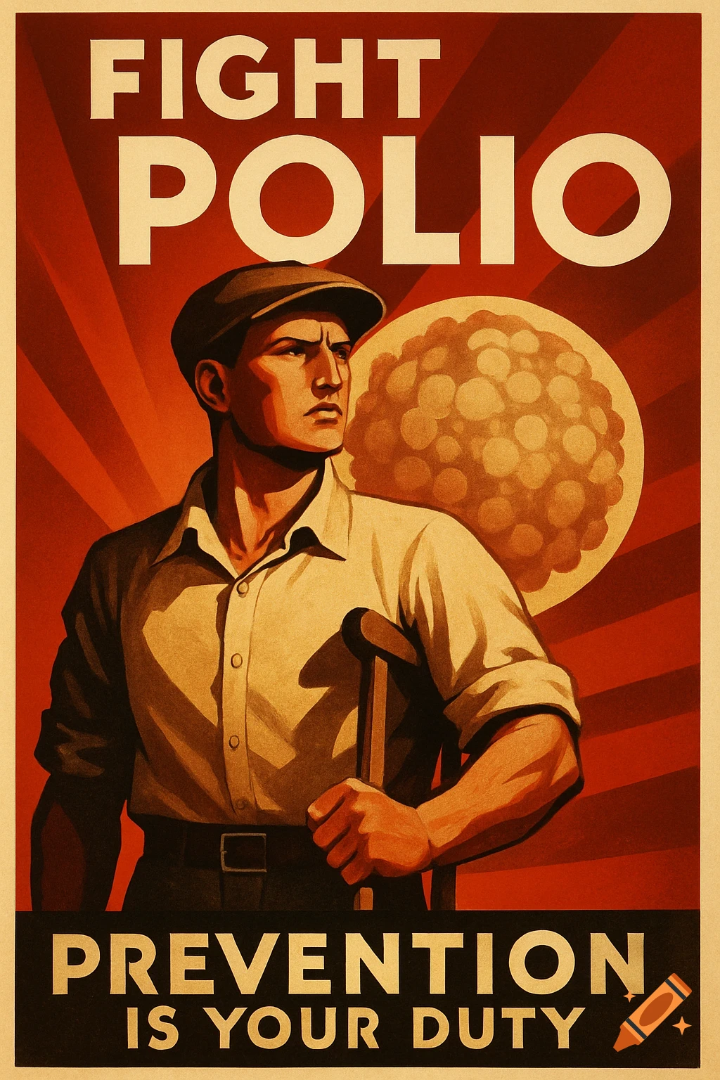 A vintage-style propaganda poster features a determined man holding a crutch, against a red background with sun rays. Text reads 'FIGHT POLIO PREVENTION IS YOUR DUTY'.