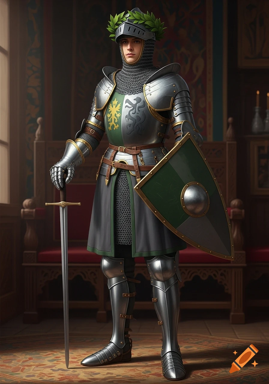 A young knight in detailed silver armor with a green surcoat and a wreath on his helmet, holding a sword and shield in a grand medieval room.