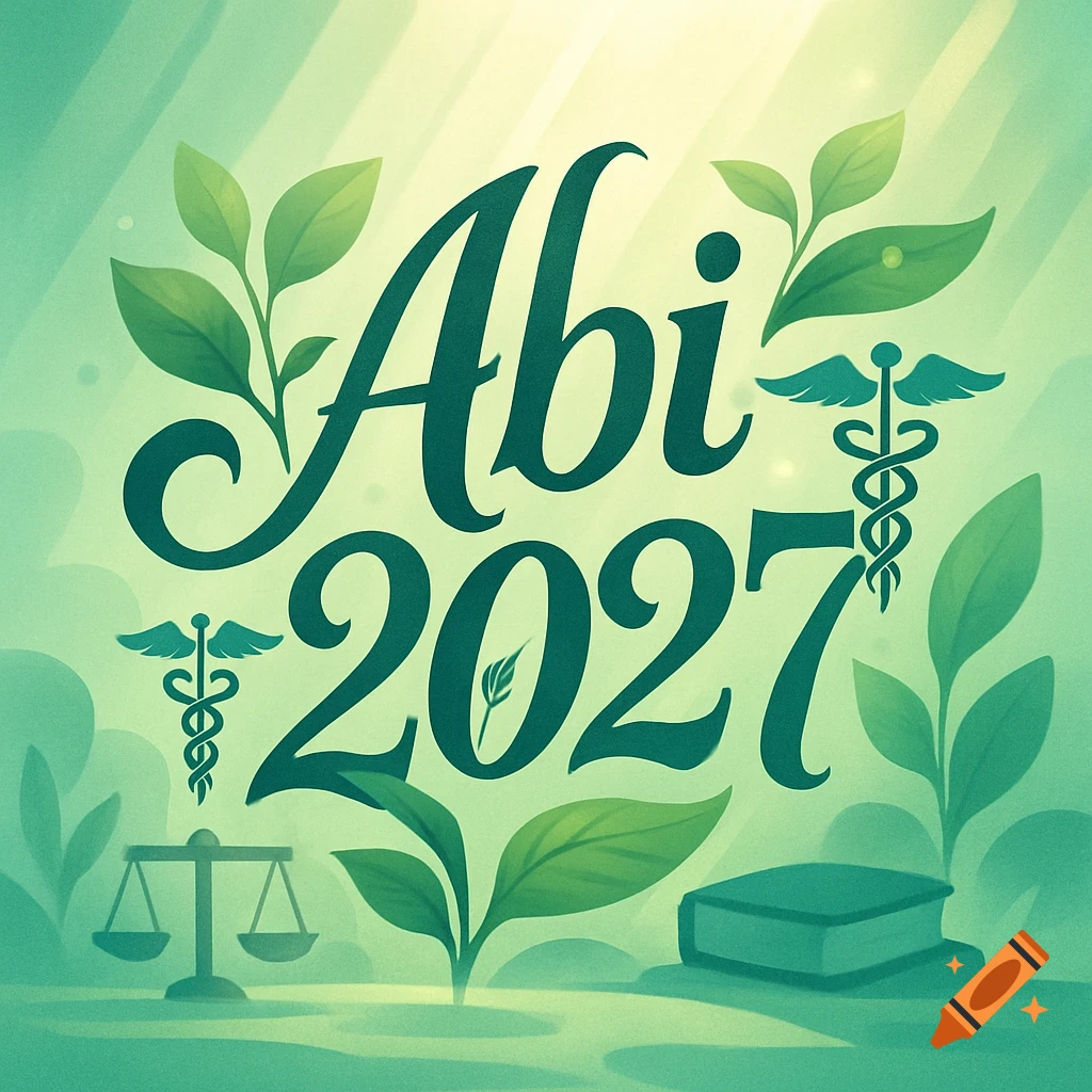 Green illustration with Abi 2027 text, leaves, caduceus, scales of justice, and books.