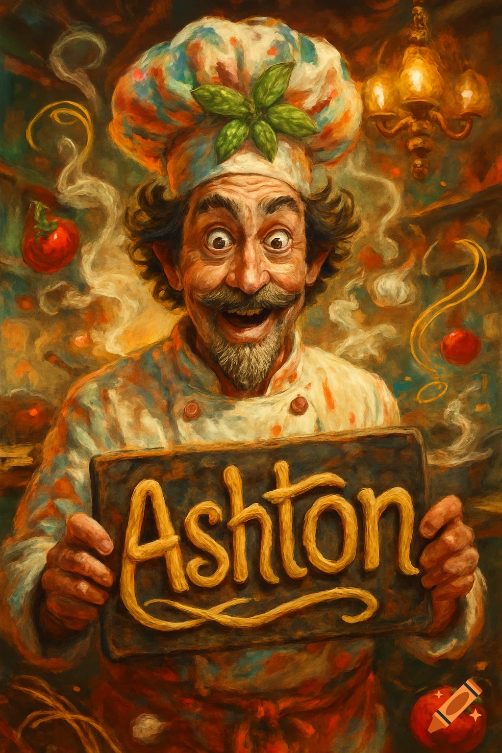 An ecstatic, cartoonish chef with a colorful hat holds a sign reading 'Ashton' in a painterly style.