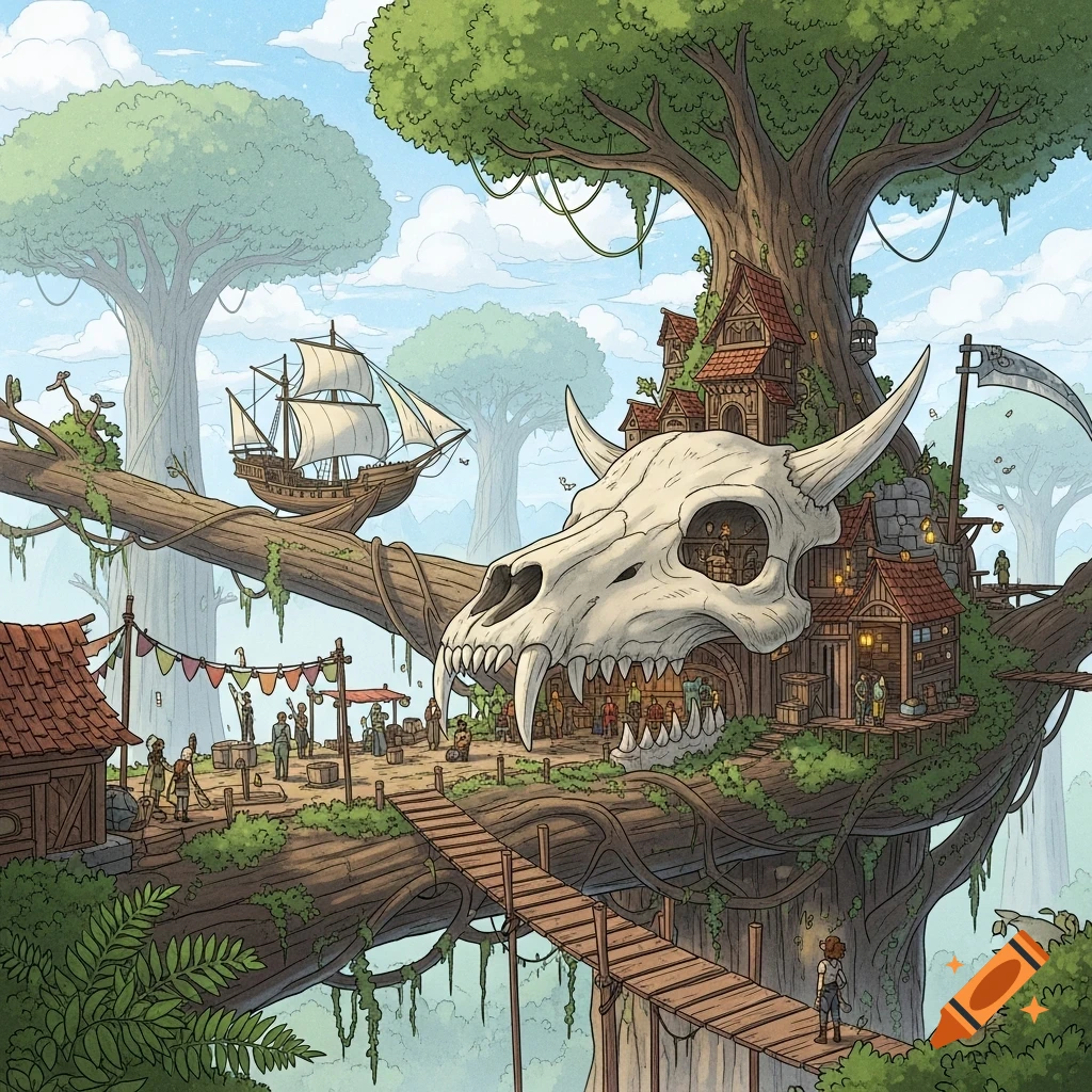 Vibrant illustrated fantasy tree city with a market, buildings built into a giant skull, a wooden bridge, and a ship sailing above trees.