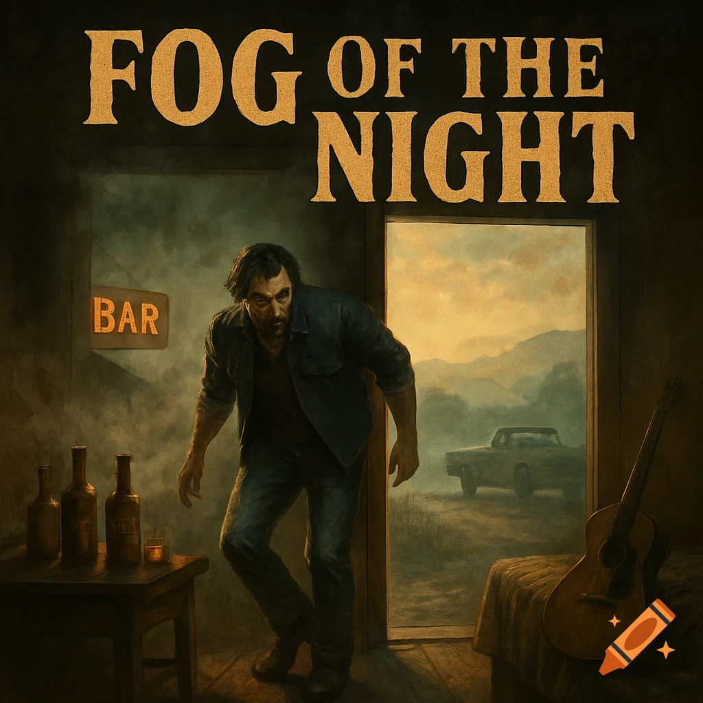 A disheveled man steps from a smoky bar into a foggy rural landscape with a car, under the title 'FOG OF THE NIGHT' in a cinematic illustration style.