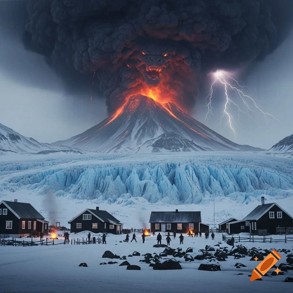 A photorealistic volcanic eruption with a dragon-like face in its smoke, lightning, and lava flows over a snowy village with people.