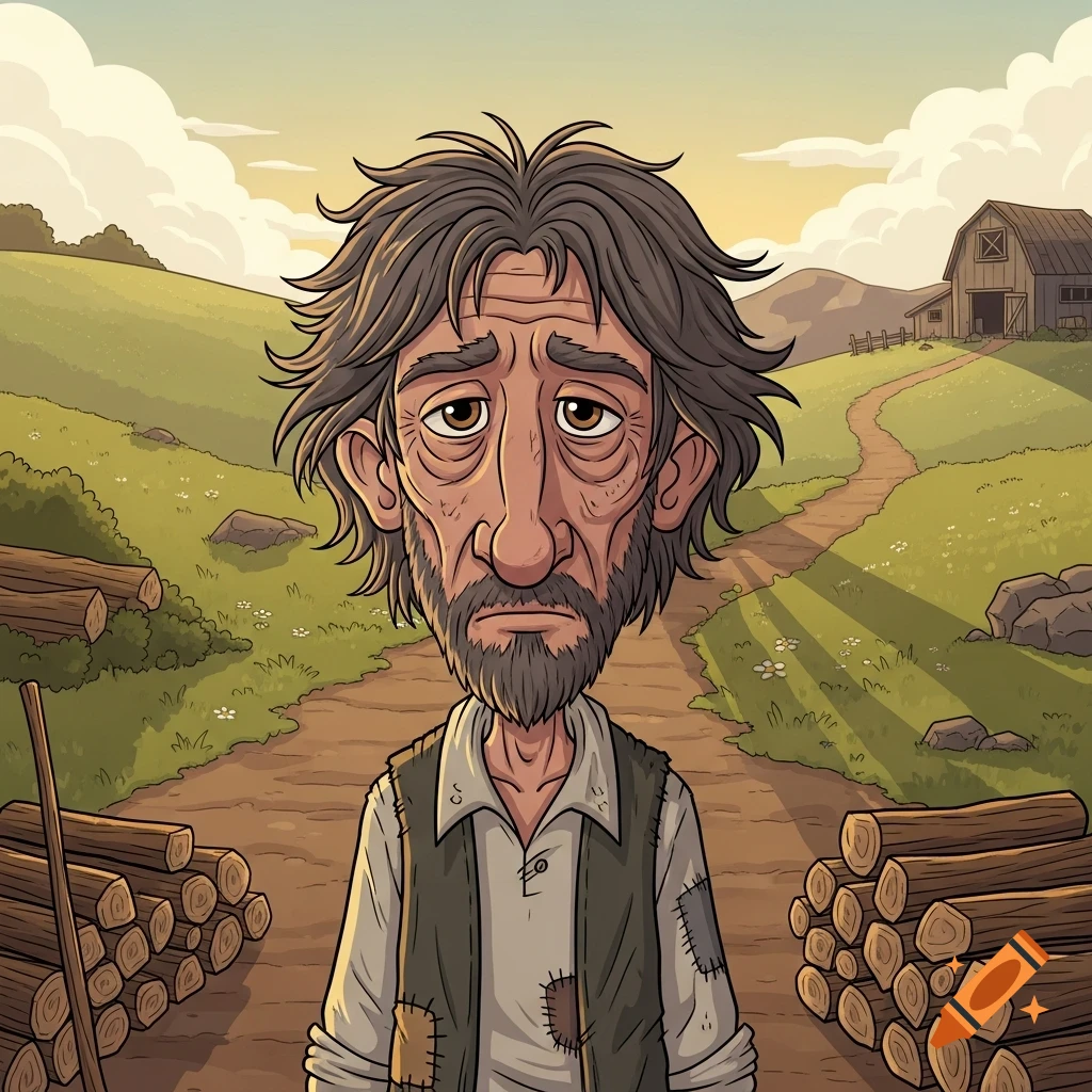 Sad old cartoon farmer in patched clothes, standing on a dirt path with logs, a barn, and green hills in the background.