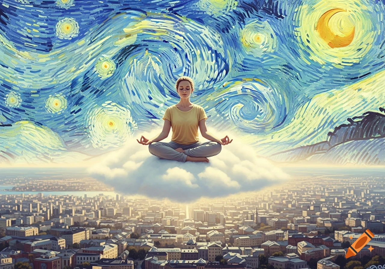 A peaceful woman meditates in a lotus pose on a cloud above a city, under a Van Gogh-style starry sky.