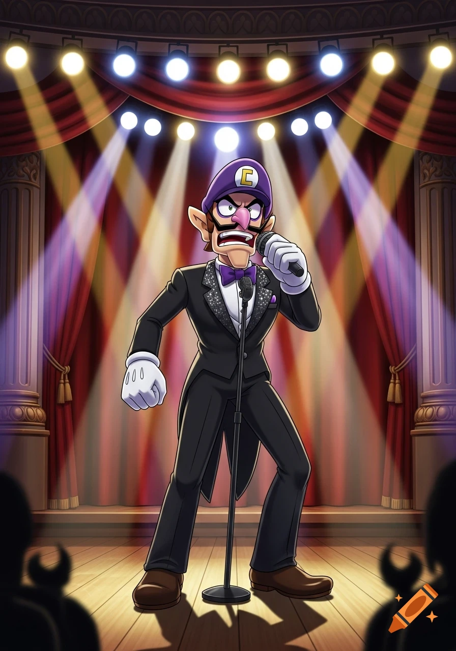 Waluigi in a tuxedo sings emotionally on a spotlighted stage.