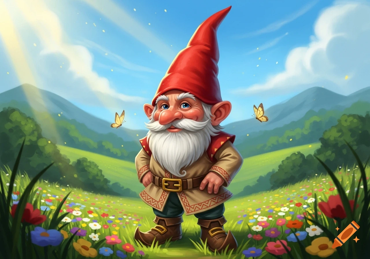 A friendly gnome with a red pointy hat and a long white beard stands in a vibrant field of colorful wildflowers under a blue sky, with mountains in the background.
