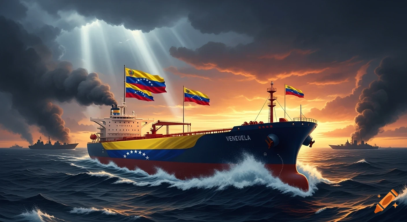 A large ship, featuring the Venezuelan flag colors and flags, sails on stormy seas under a dramatic sky with sunrays breaking through clouds. Other ships are in the distance.