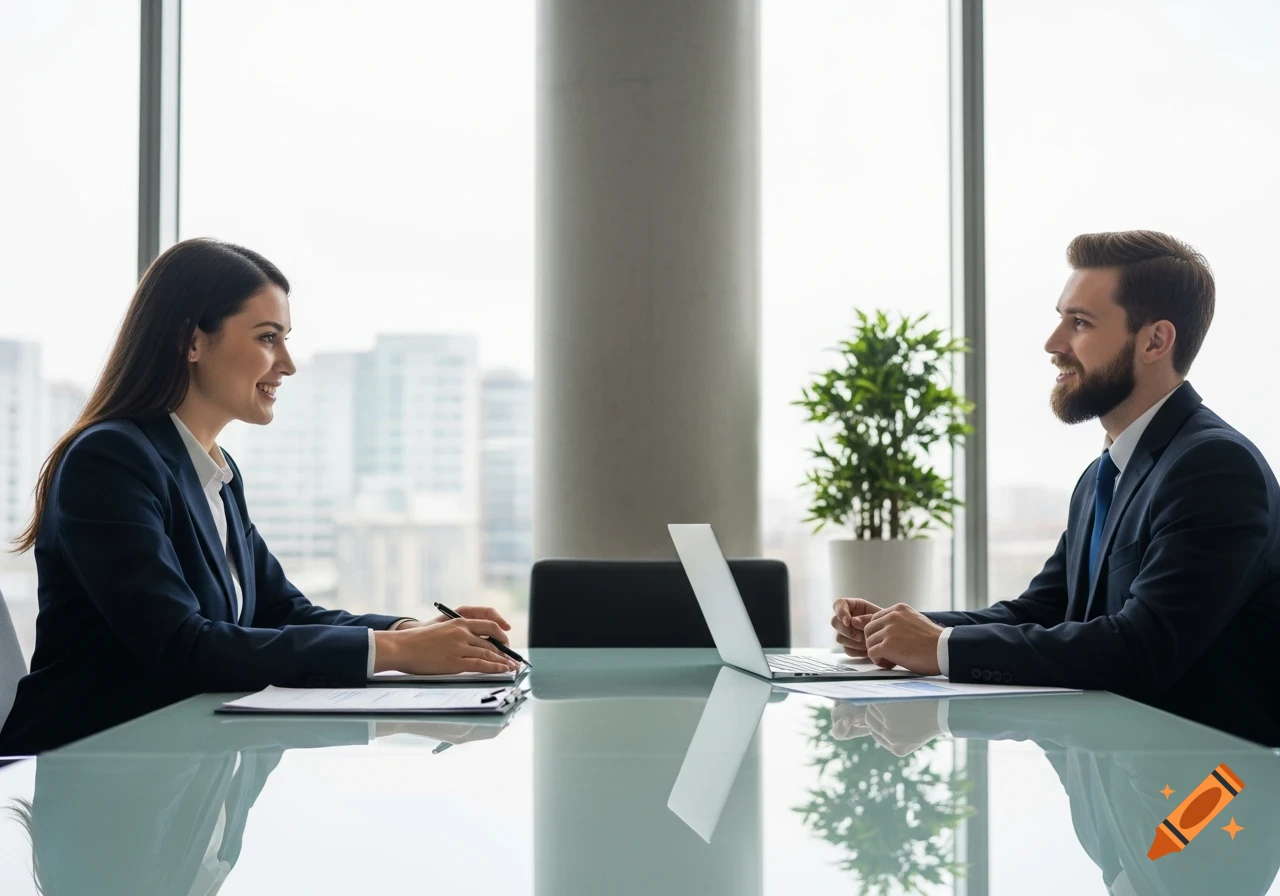Two smiling business professionals, a woman and a man, sit across a glass table in a modern office with large windows.