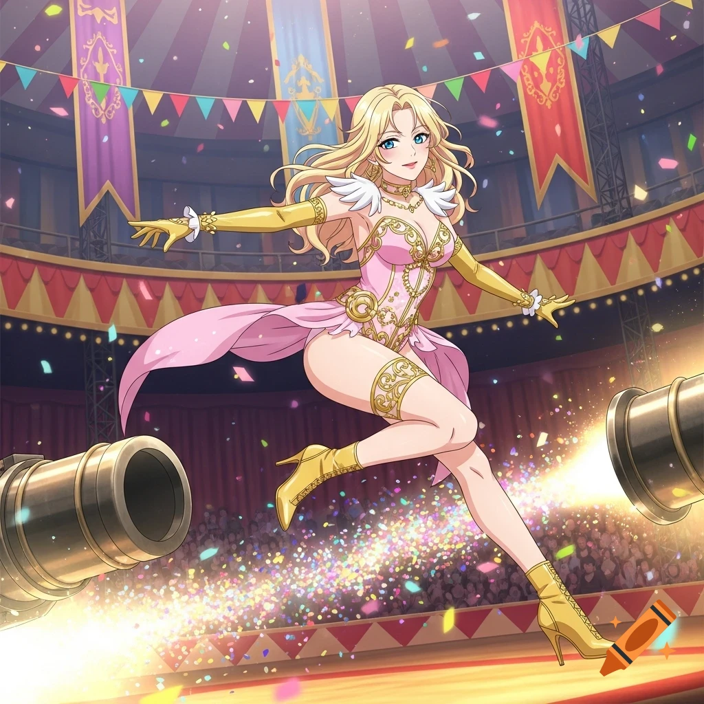 An anime woman with blonde hair and blue eyes, wearing a pink and gold circus leotard, leaps as confetti bursts from cannons in a circus tent.