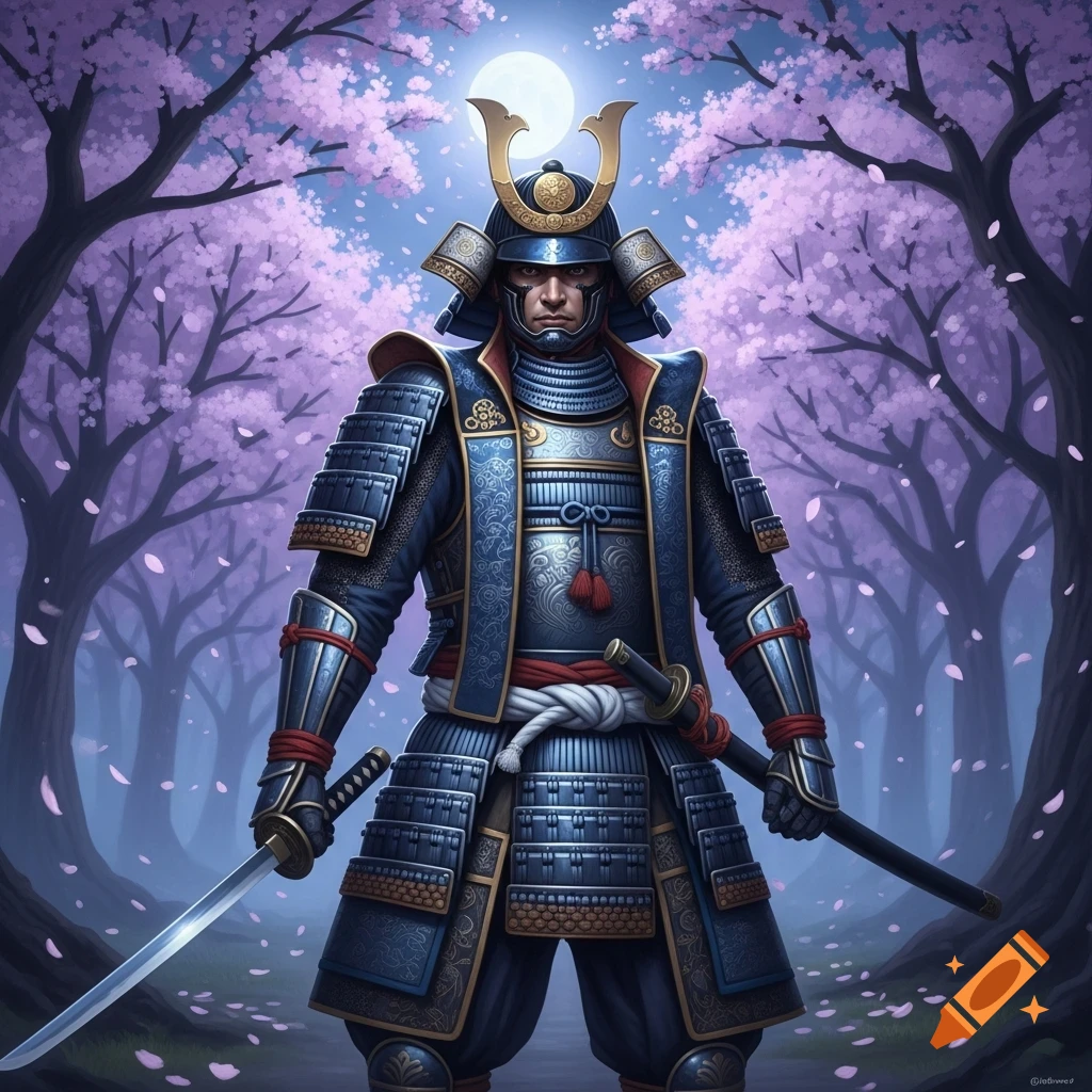 A samurai warrior in blue and gold armor stands with two katanas in a moonlit cherry blossom forest.