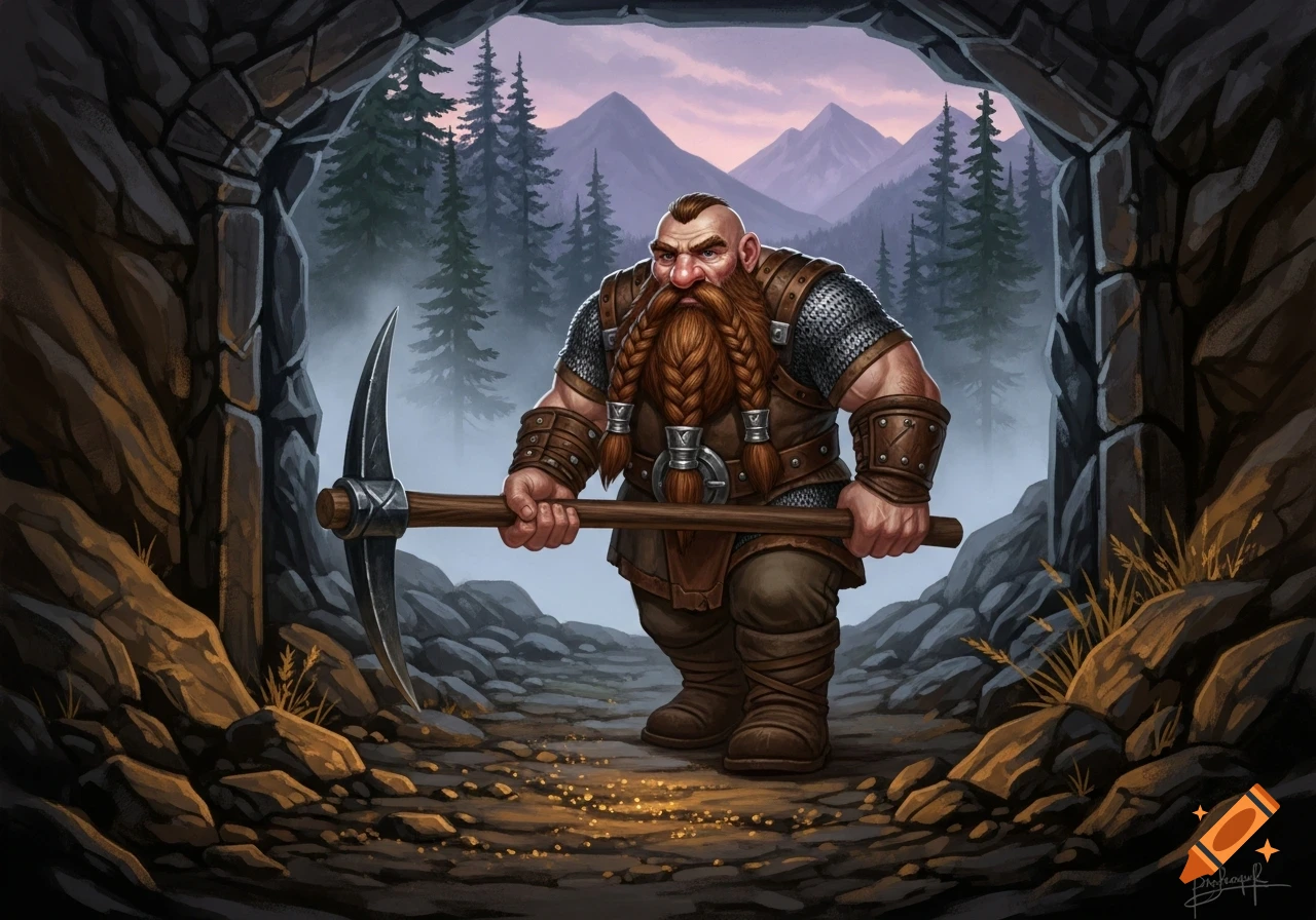 A burly fantasy dwarf with a braided beard, wearing armor, carries a pickaxe, exiting a mine into a misty mountain landscape.