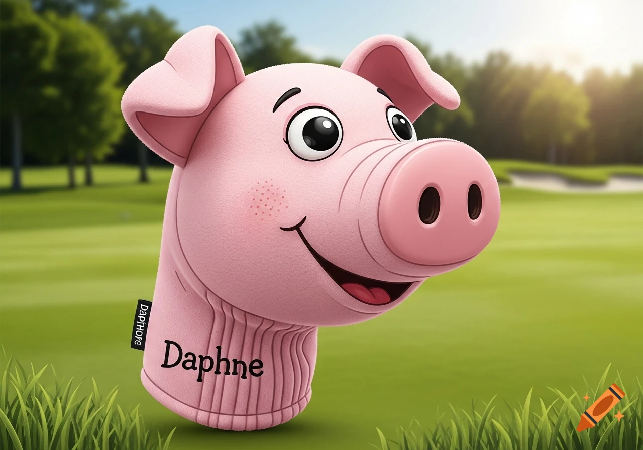 A smiling pink cartoon pig golf headcover with text "Daphne" stands in green grass on a golf course.