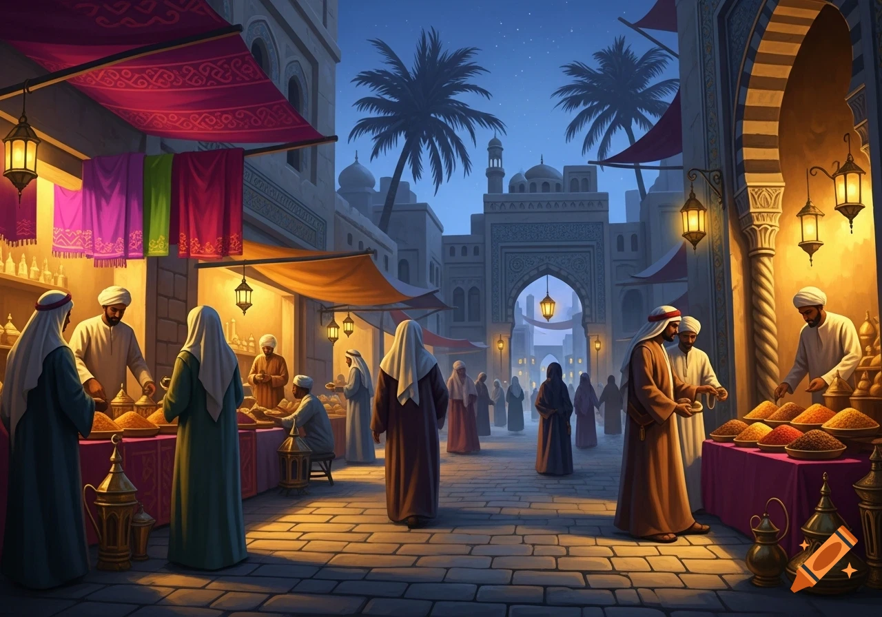 A vibrant Middle Eastern marketplace at night, with people browsing stalls filled with spices and goods under glowing lanterns and palm trees.