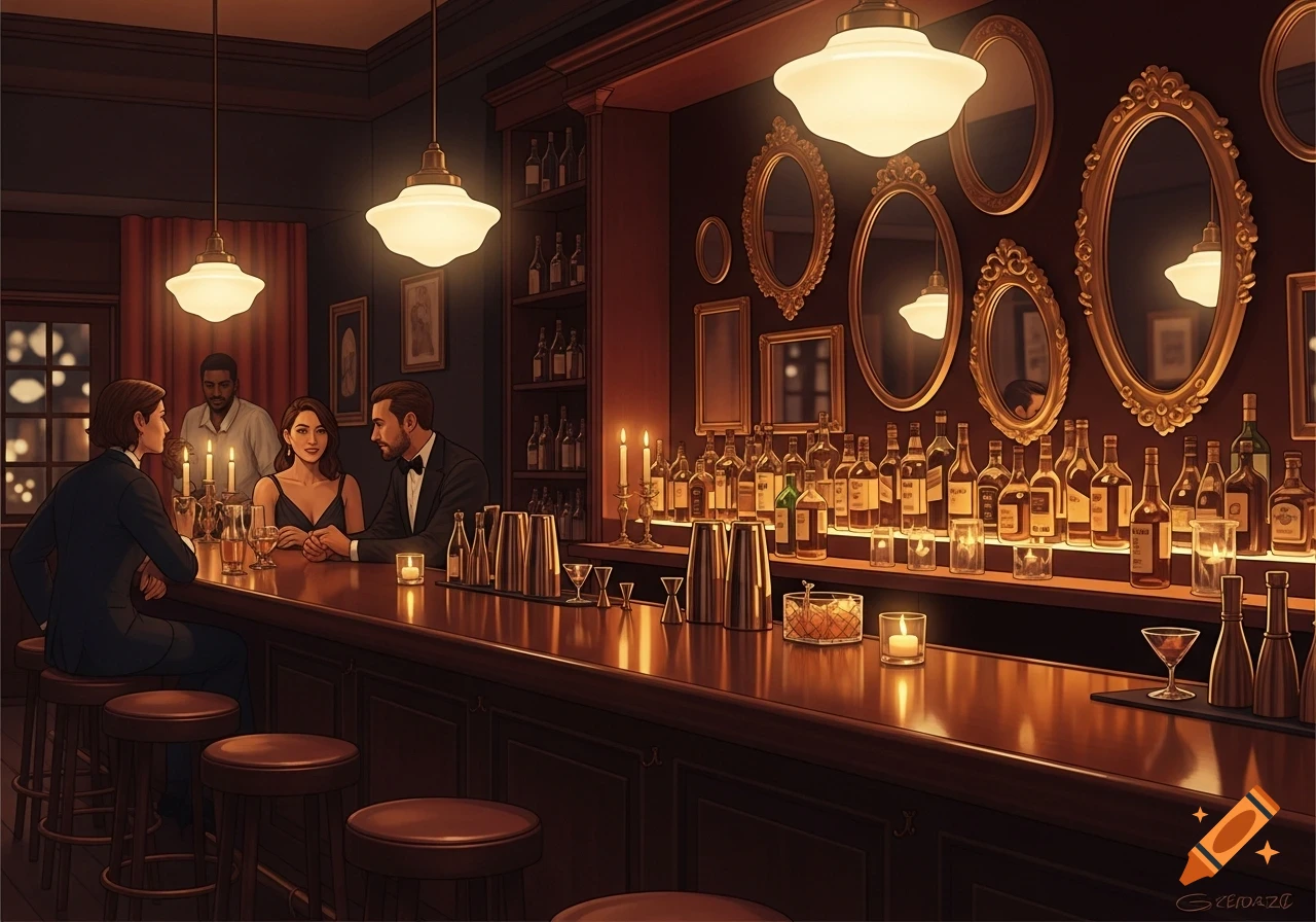 A dimly lit, cozy bar with patrons, including a couple at the counter, a bartender, rows of bottles, and decorative mirrors, bathed in warm light.