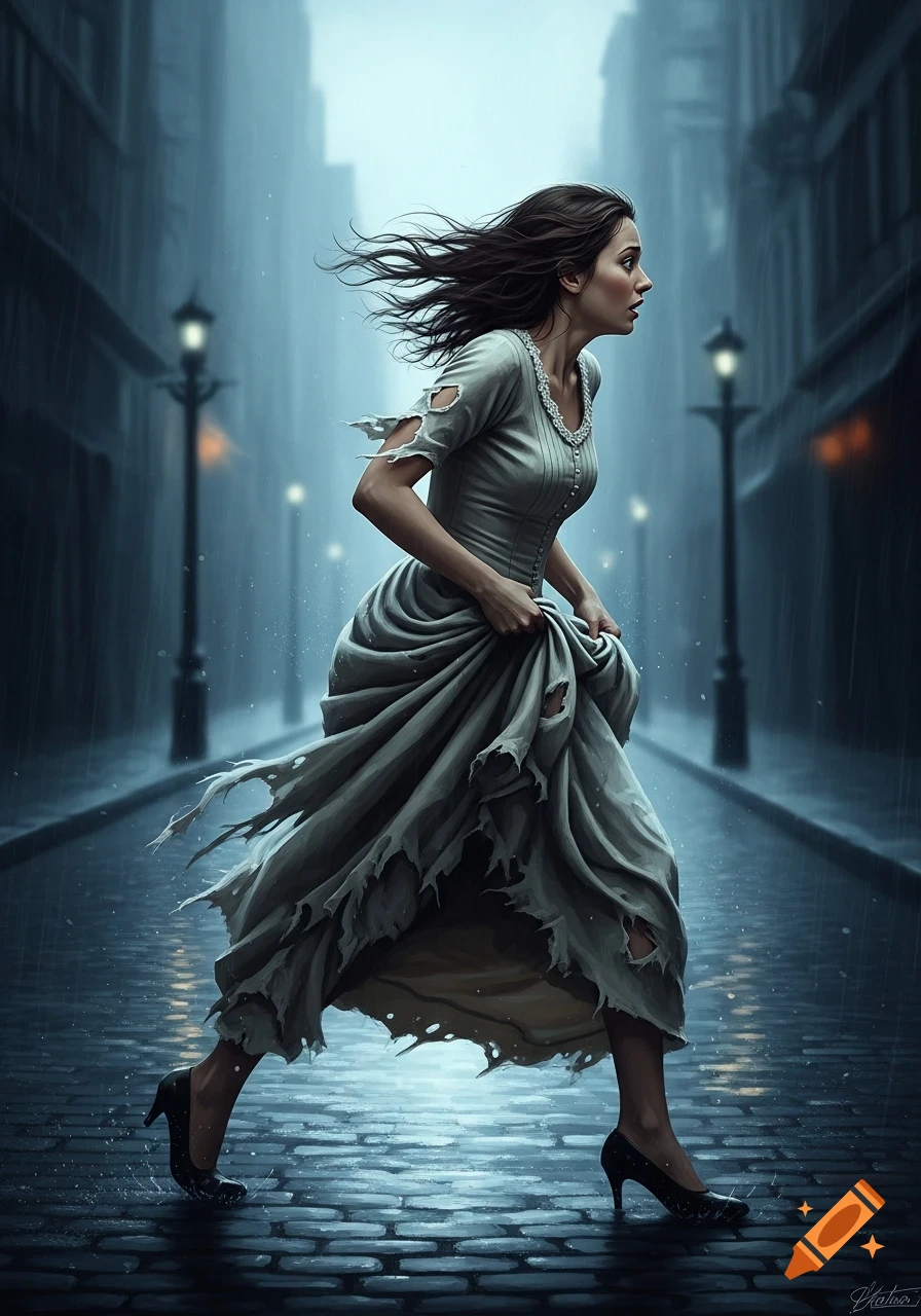 A distressed woman in a tattered dress runs through a dark, rainy city street, holding up her dress.