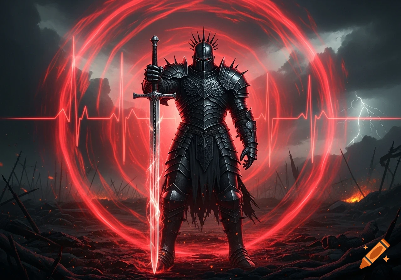 A dark knight in black armor with a glowing red sword stands on a desolate battlefield, surrounded by a red ECG line aura under a stormy sky.