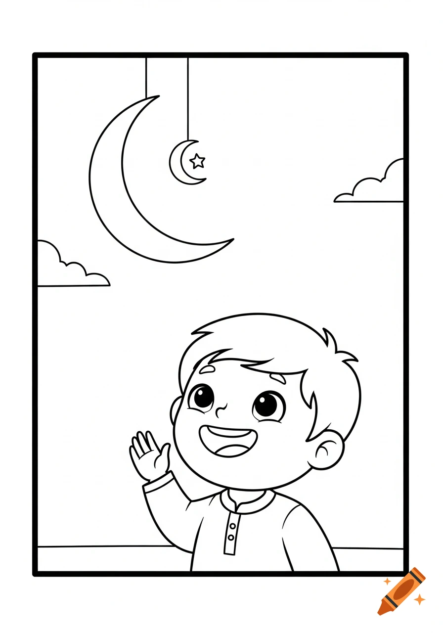 Black-and-white coloring page of a happy cartoon child waving at a crescent moon and a small moon-star ornament.