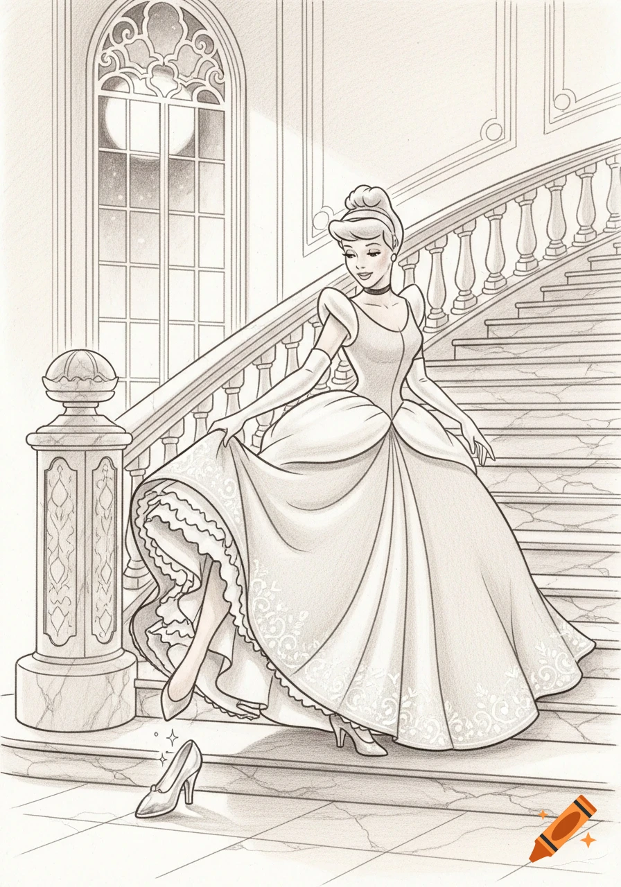 Detailed pencil sketch of Cinderella in a ball gown descending a grand staircase as her glass slipper falls off.